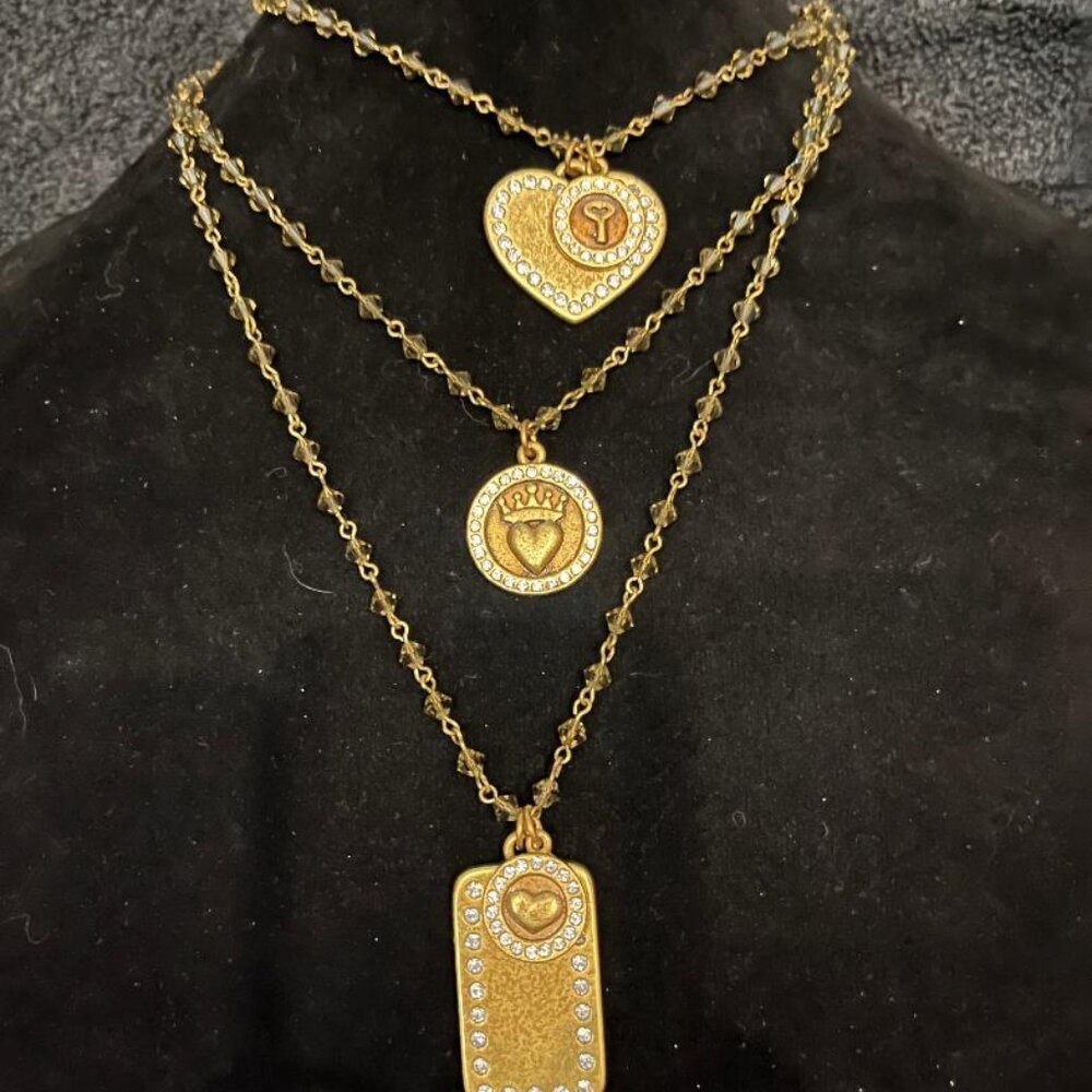 Gold-Tone Triple Layer Necklace with Heart & Disc Charms